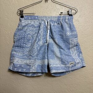 Bather Lined Swim Trunks Bandana Blue Bathing Suit Mens Small Smiley Print